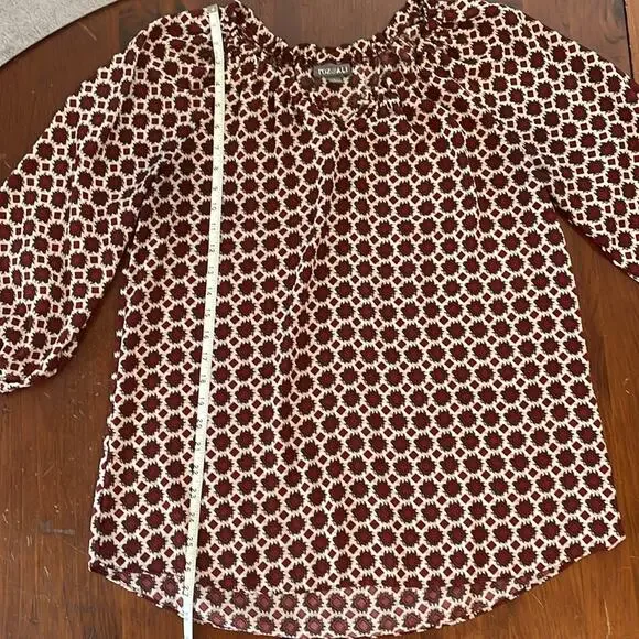 Roz & Ali Womens Blouse Large Geometric Diamond Red Cream 3/4 Length Sleeve - Picture 8 of 9